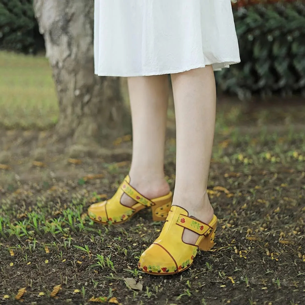 Women Clogs with Heel Summer Platform Chunky Heel Sandals Closed Toe Slip on Clogs Casual Backless Loafers Shoes Handmade Leather Retro Floral Print Antil Slip Comfort Slide Sandals Party Shoes