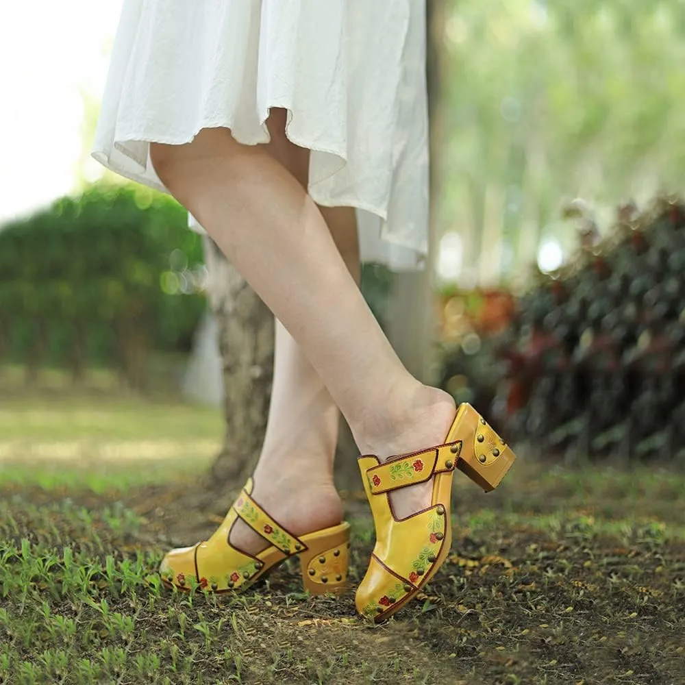 Women Clogs with Heel Summer Platform Chunky Heel Sandals Closed Toe Slip on Clogs Casual Backless Loafers Shoes Handmade Leather Retro Floral Print Antil Slip Comfort Slide Sandals Party Shoes
