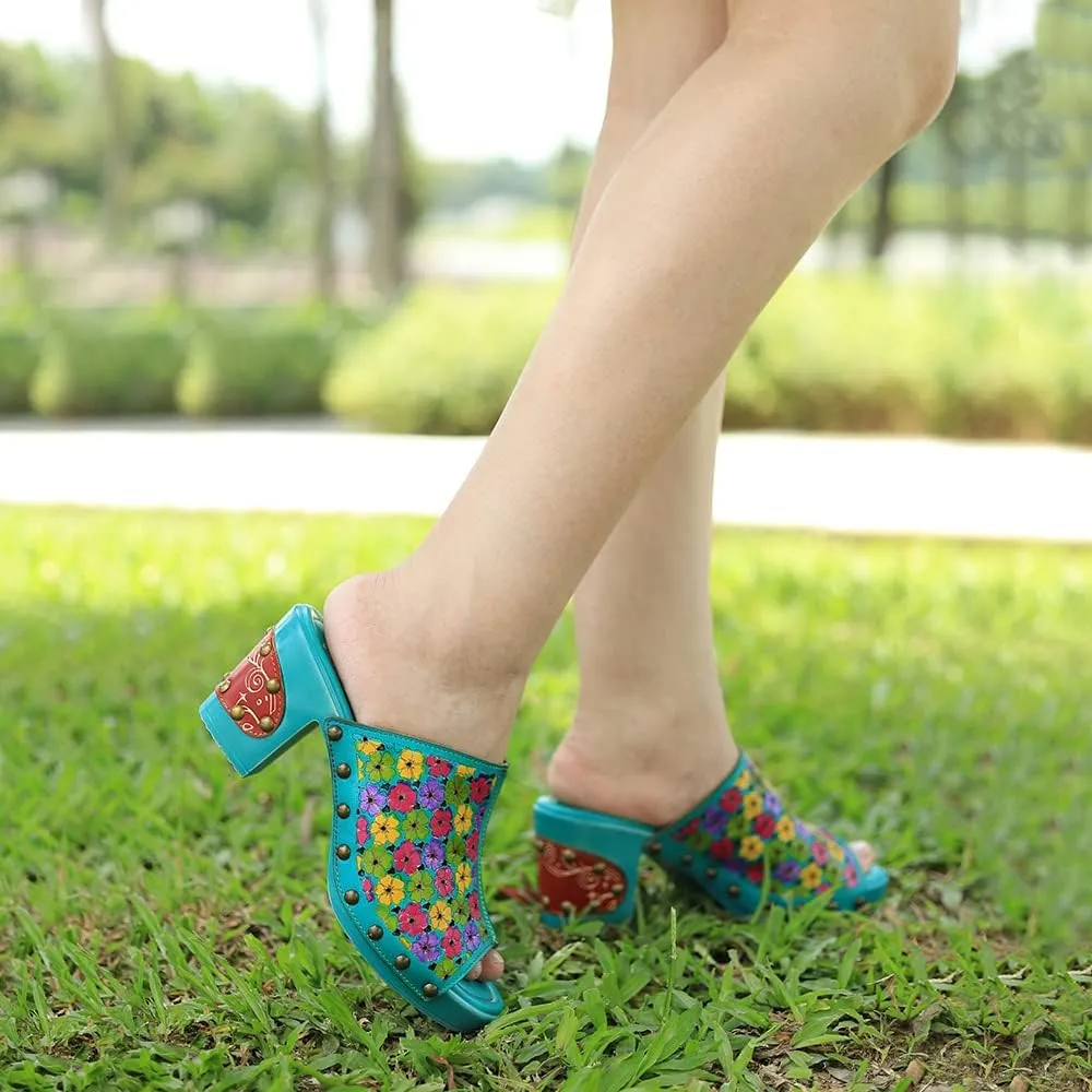 Women Clogs with Heel Summer Platform Chunky Heel Sandals Closed Toe Slip on Clogs Casual Backless Loafers Shoes Handmade Leather Retro Floral Print Antil Slip Comfort Slide Sandals Party Shoes