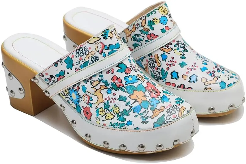 Women Clogs with Heel Summer Platform Chunky Heel Sandals Closed Toe Slip on Clogs Casual Backless Loafers Shoes Handmade Leather Retro Floral Print Antil Slip Comfort Slide Sandals Party Shoes