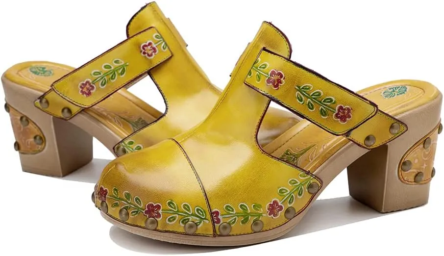 Women Clogs with Heel Summer Platform Chunky Heel Sandals Closed Toe Slip on Clogs Casual Backless Loafers Shoes Handmade Leather Retro Floral Print Antil Slip Comfort Slide Sandals Party Shoes