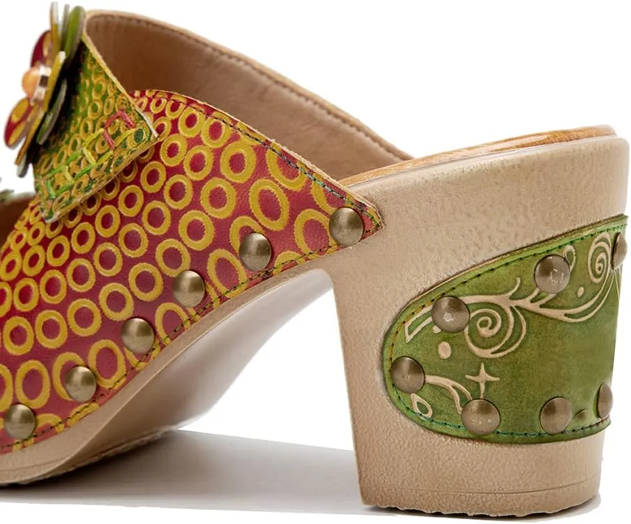 Women Clogs with Heel Summer Platform Chunky Heel Sandals Closed Toe Slip on Clogs Casual Backless Loafers Shoes Handmade Leather Retro Floral Print Antil Slip Comfort Slide Sandals Party Shoes