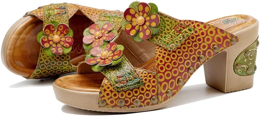 Women Clogs with Heel Summer Platform Chunky Heel Sandals Closed Toe Slip on Clogs Casual Backless Loafers Shoes Handmade Leather Retro Floral Print Antil Slip Comfort Slide Sandals Party Shoes