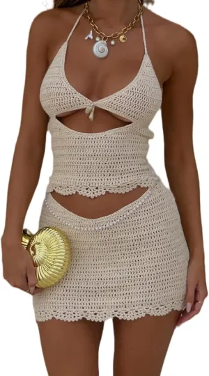 Women Crochet Knit Halter Dress Sexy Backless Bodycon Beach Mini Dress Y2k Hollow Cut Out Vacation Coverup Dresses