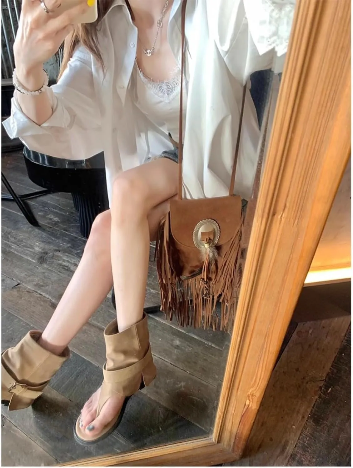 Women Flip-Flop Short Boots Leather Metal Buckle Soft Trendy Loose Flat Shoe Open Round Sole For Party Dress Daily Life