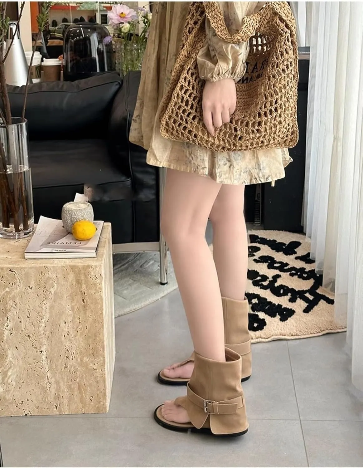 Women Flip-Flop Short Boots Leather Metal Buckle Soft Trendy Loose Flat Shoe Open Round Sole For Party Dress Daily Life