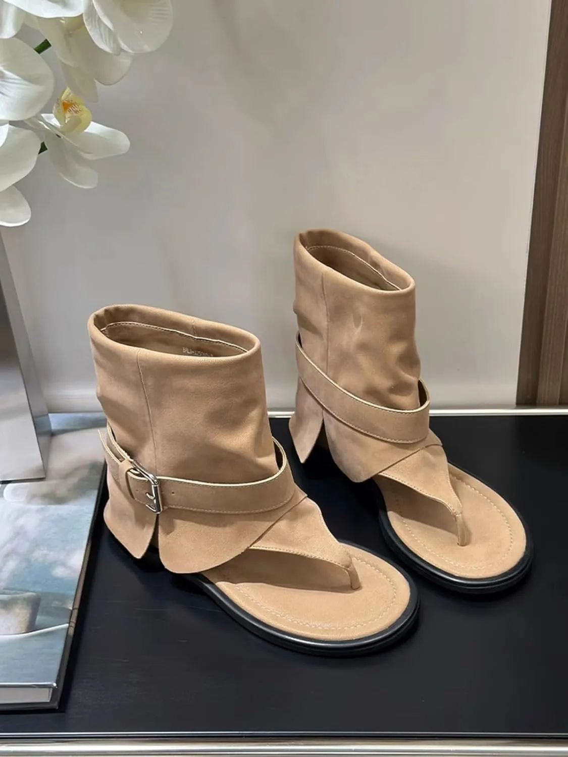 Women Flip-Flop Short Boots Leather Metal Buckle Soft Trendy Loose Flat Shoe Open Round Sole For Party Dress Daily Life