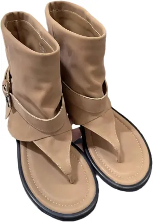 Women Flip-Flop Short Boots Leather Metal Buckle Soft Trendy Loose Flat Shoe Open Round Sole For Party Dress Daily Life