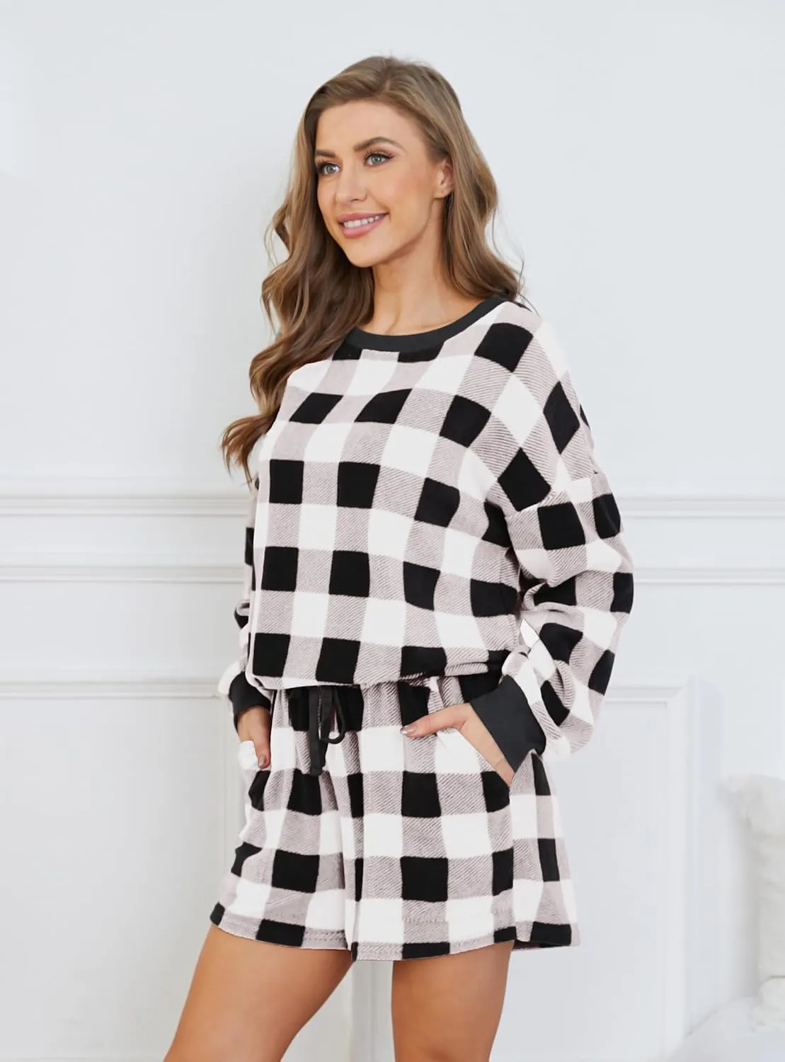 Women Fuzzy Chunky Warm Plaid Pajama Sets Long Sleeve Top and Shorts Clothing Sets