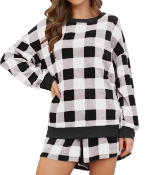 Women Fuzzy Chunky Warm Plaid Pajama Sets Long Sleeve Top and Shorts Clothing Sets