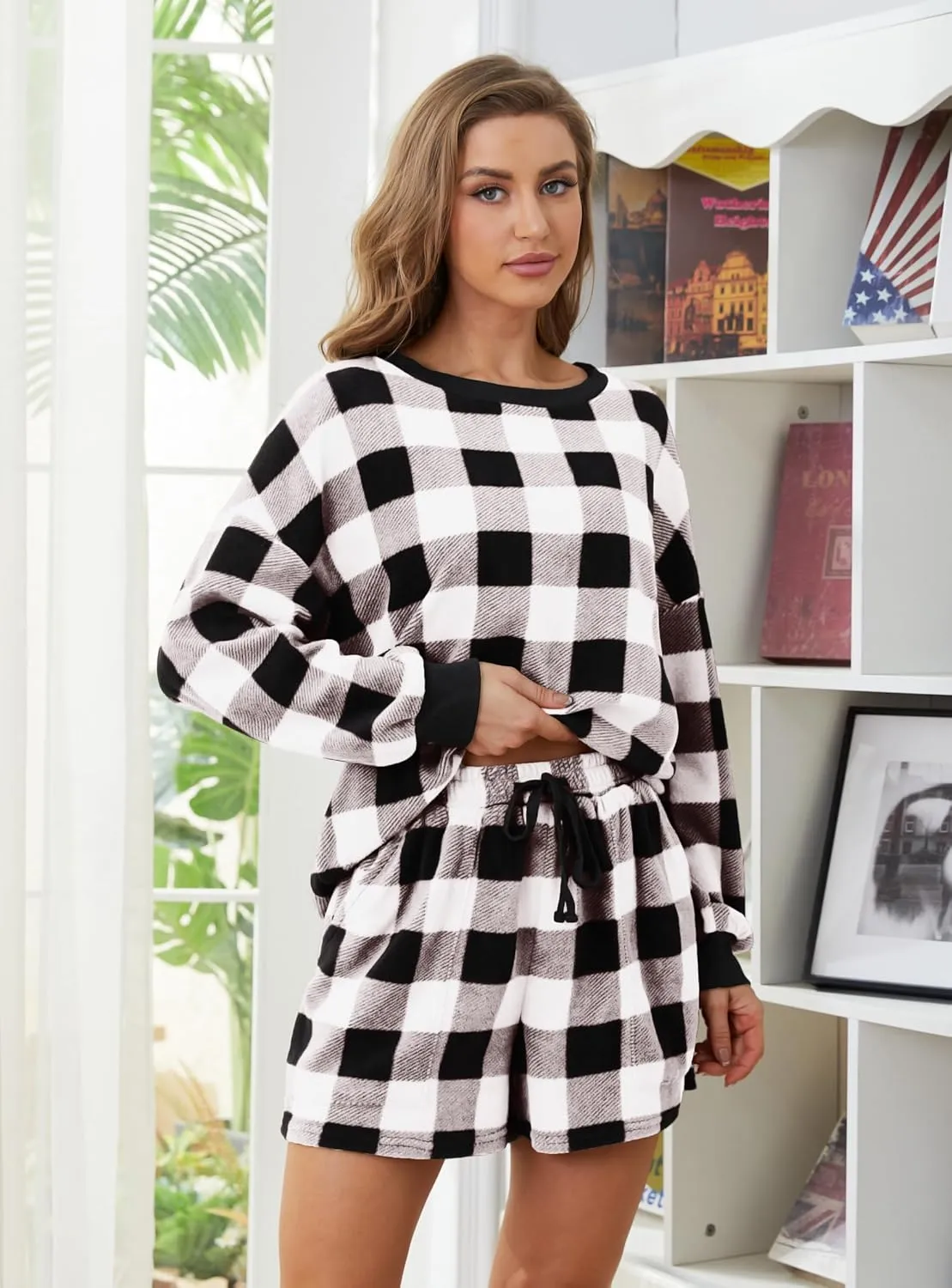 Women Fuzzy Chunky Warm Plaid Pajama Sets Long Sleeve Top and Shorts Clothing Sets