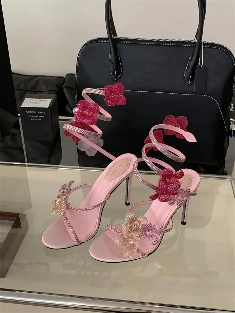 Women Rhinestone Flowers High Heel Open Round Toe Spiral Wrap Around Sandals Sexy Sparkly Bling Ankle Strap High Heel