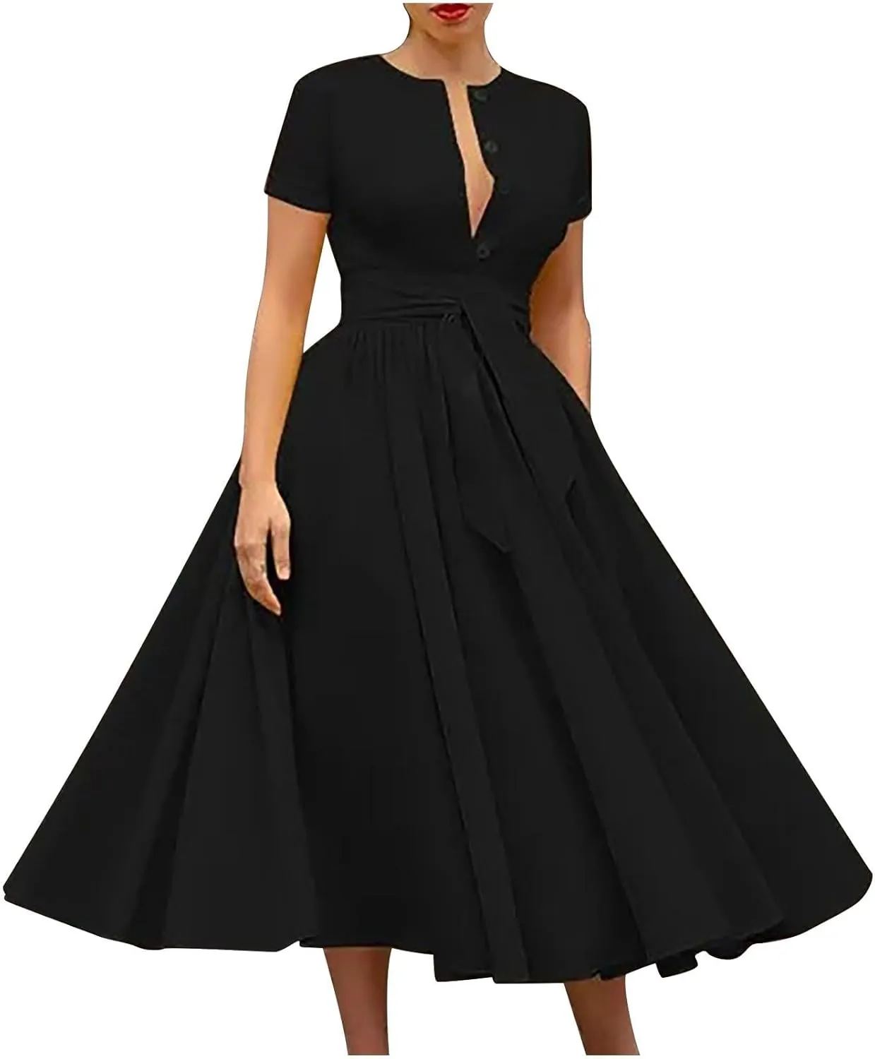 Women Short Sleeve 1950s Retro Vintage Cocktail Party Swing Dress, Party Work Church Swing Dress Pleated Ball Gown