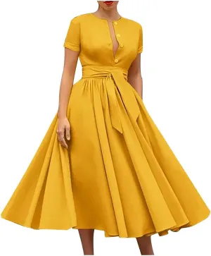 Women Short Sleeve 1950s Retro Vintage Cocktail Party Swing Dress, Party Work Church Swing Dress Pleated Ball Gown
