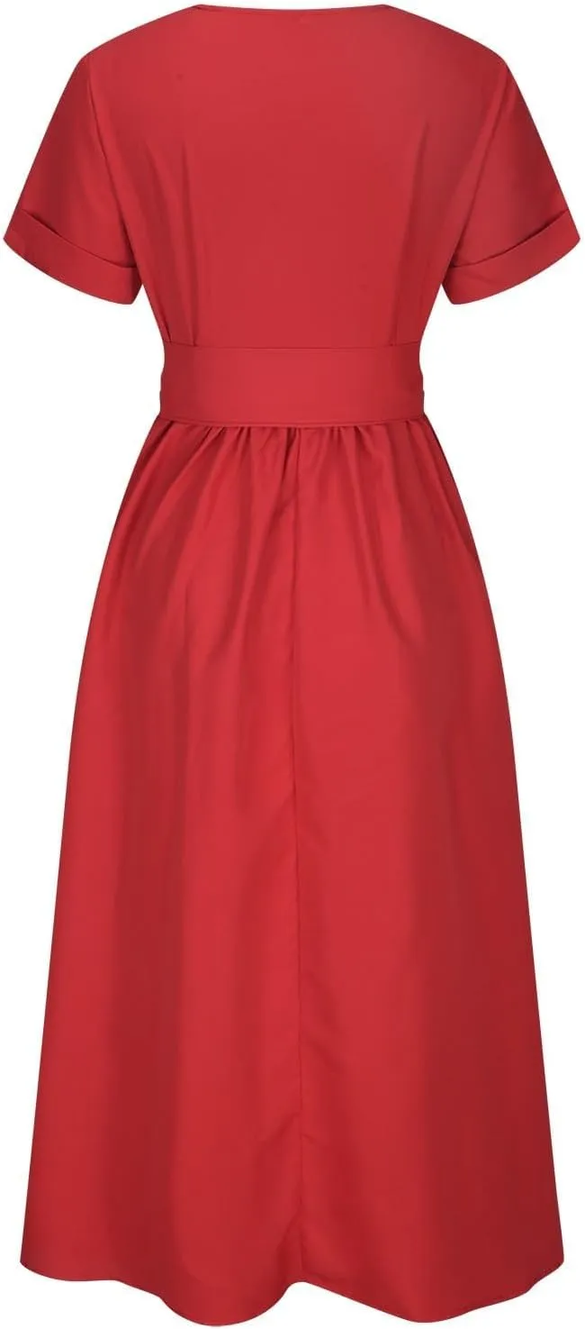 Women Short Sleeve 1950s Retro Vintage Cocktail Party Swing Dress, Party Work Church Swing Dress Pleated Ball Gown