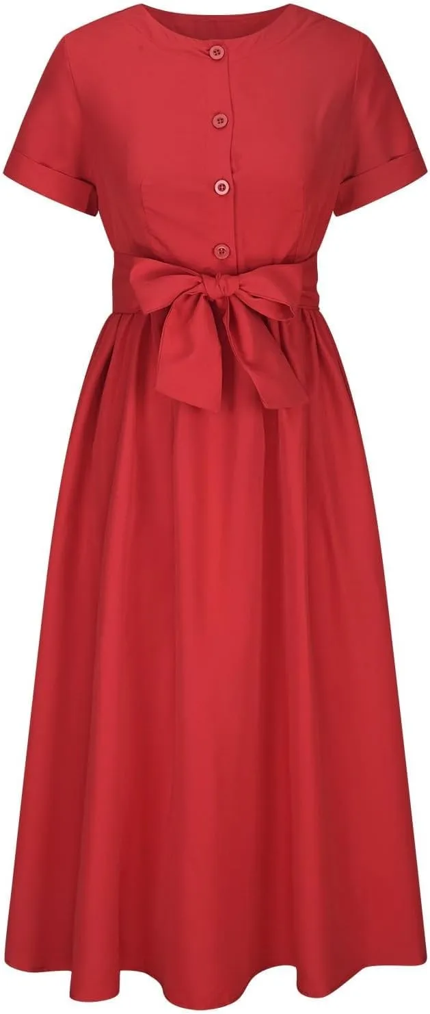 Women Short Sleeve 1950s Retro Vintage Cocktail Party Swing Dress, Party Work Church Swing Dress Pleated Ball Gown