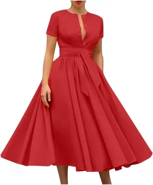 Women Short Sleeve 1950s Retro Vintage Cocktail Party Swing Dress, Party Work Church Swing Dress Pleated Ball Gown