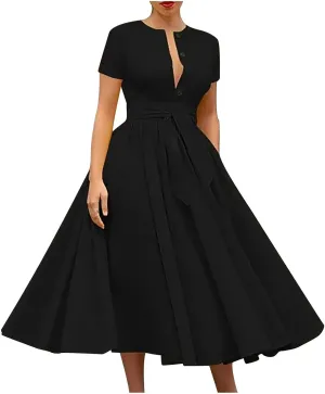 Women Short Sleeve 1950s Retro Vintage Cocktail Party Swing Dress, Party Work Church Swing Dress Pleated Ball Gown