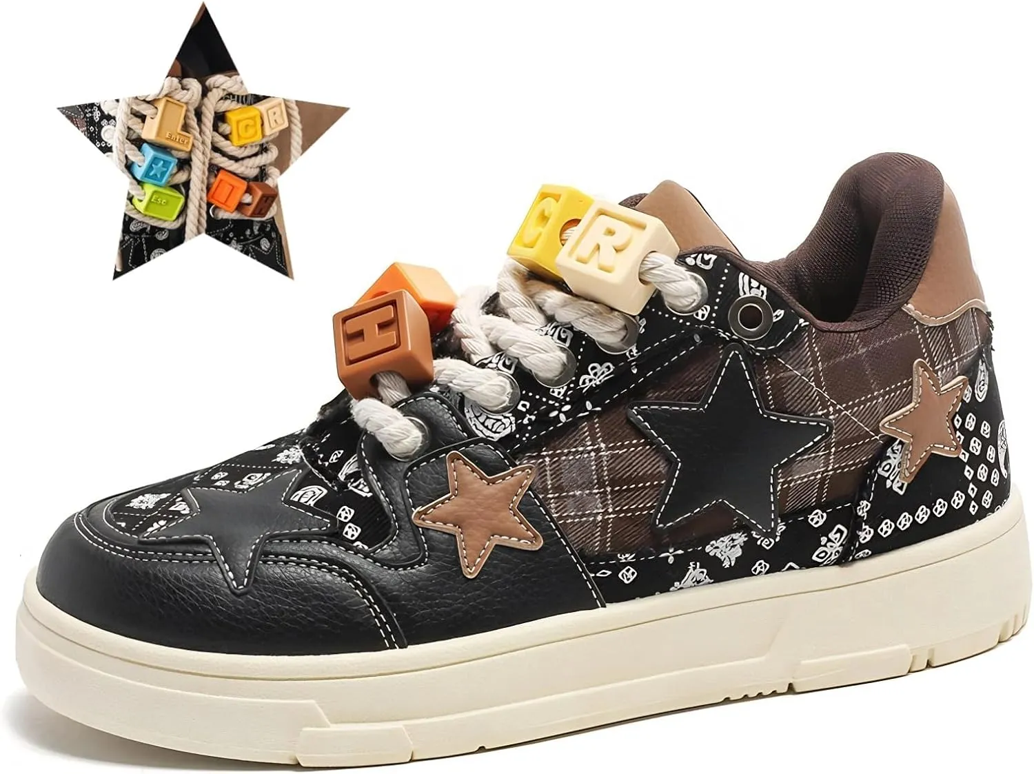Women Star Patch Sneakers, Y2K Chuncky Platform Shoes, Unisex Preppy Plaid Streetwear, Retro Trainers School Campus Teen