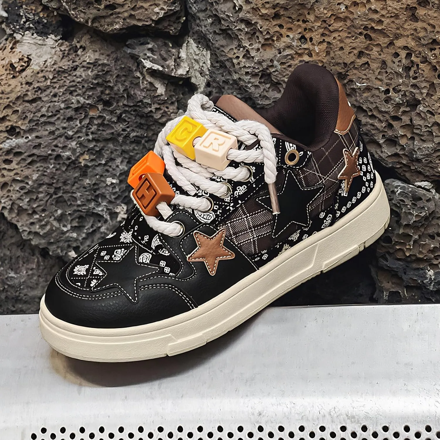Women Star Patch Sneakers, Y2K Chuncky Platform Shoes, Unisex Preppy Plaid Streetwear, Retro Trainers School Campus Teen