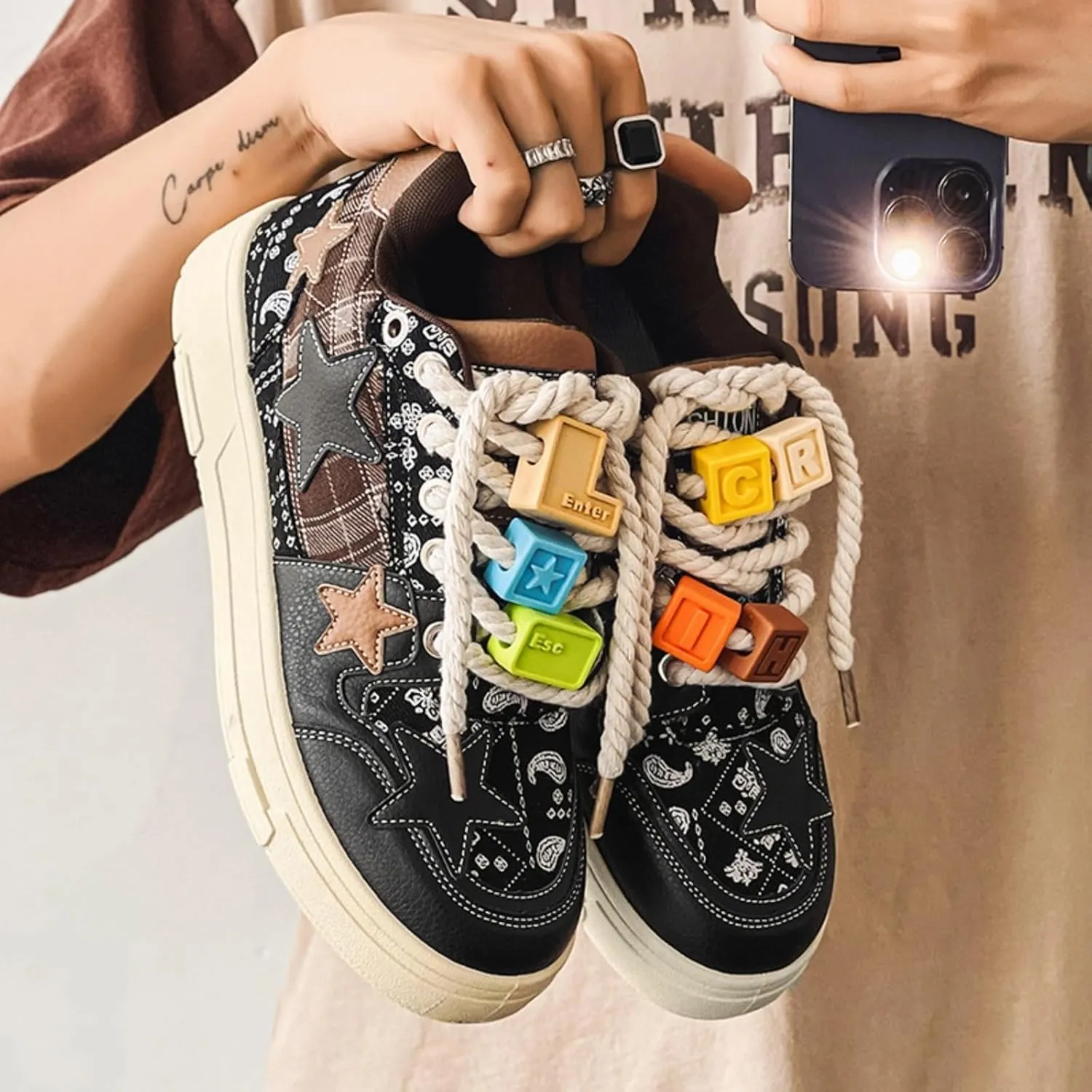 Women Star Patch Sneakers, Y2K Chuncky Platform Shoes, Unisex Preppy Plaid Streetwear, Retro Trainers School Campus Teen