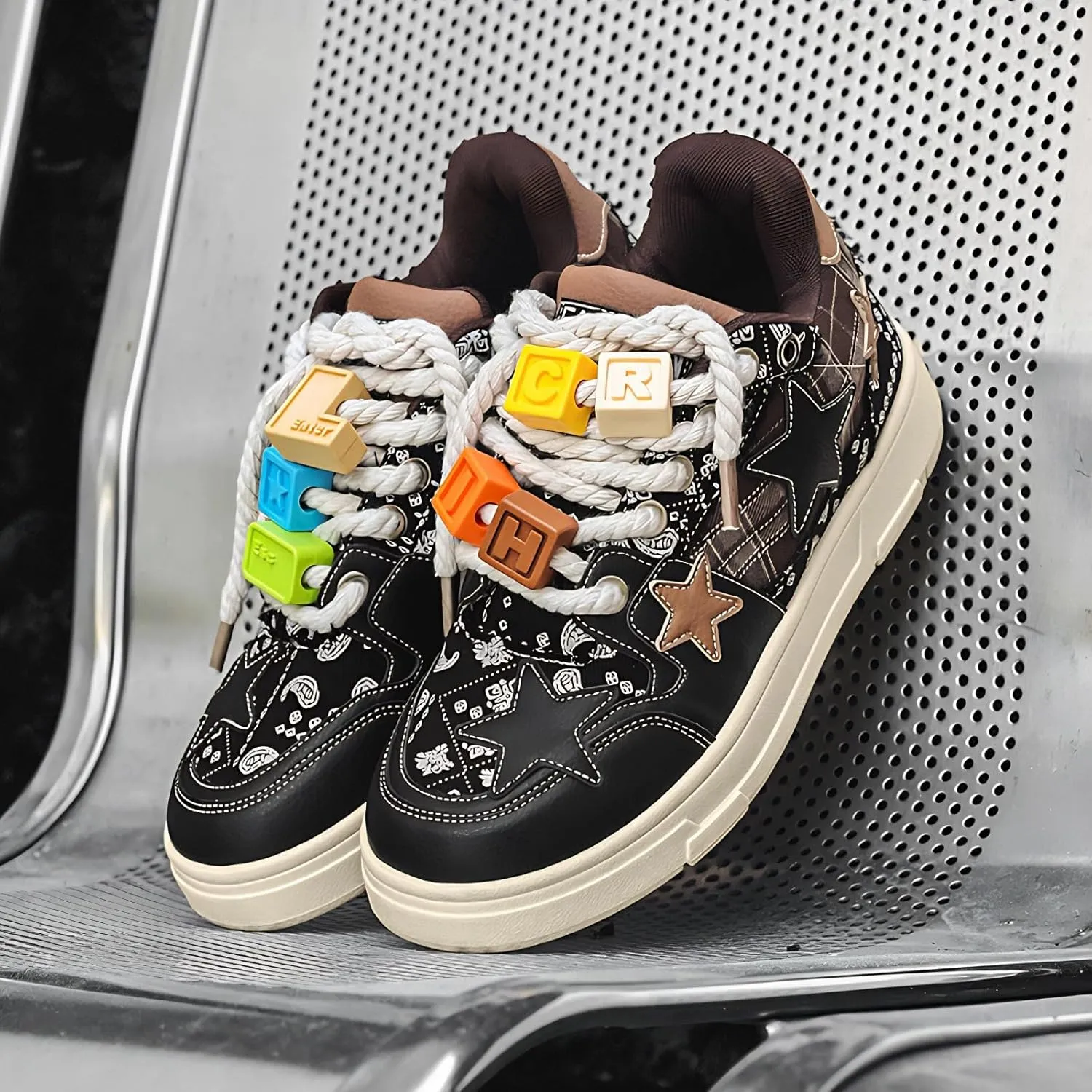 Women Star Patch Sneakers, Y2K Chuncky Platform Shoes, Unisex Preppy Plaid Streetwear, Retro Trainers School Campus Teen