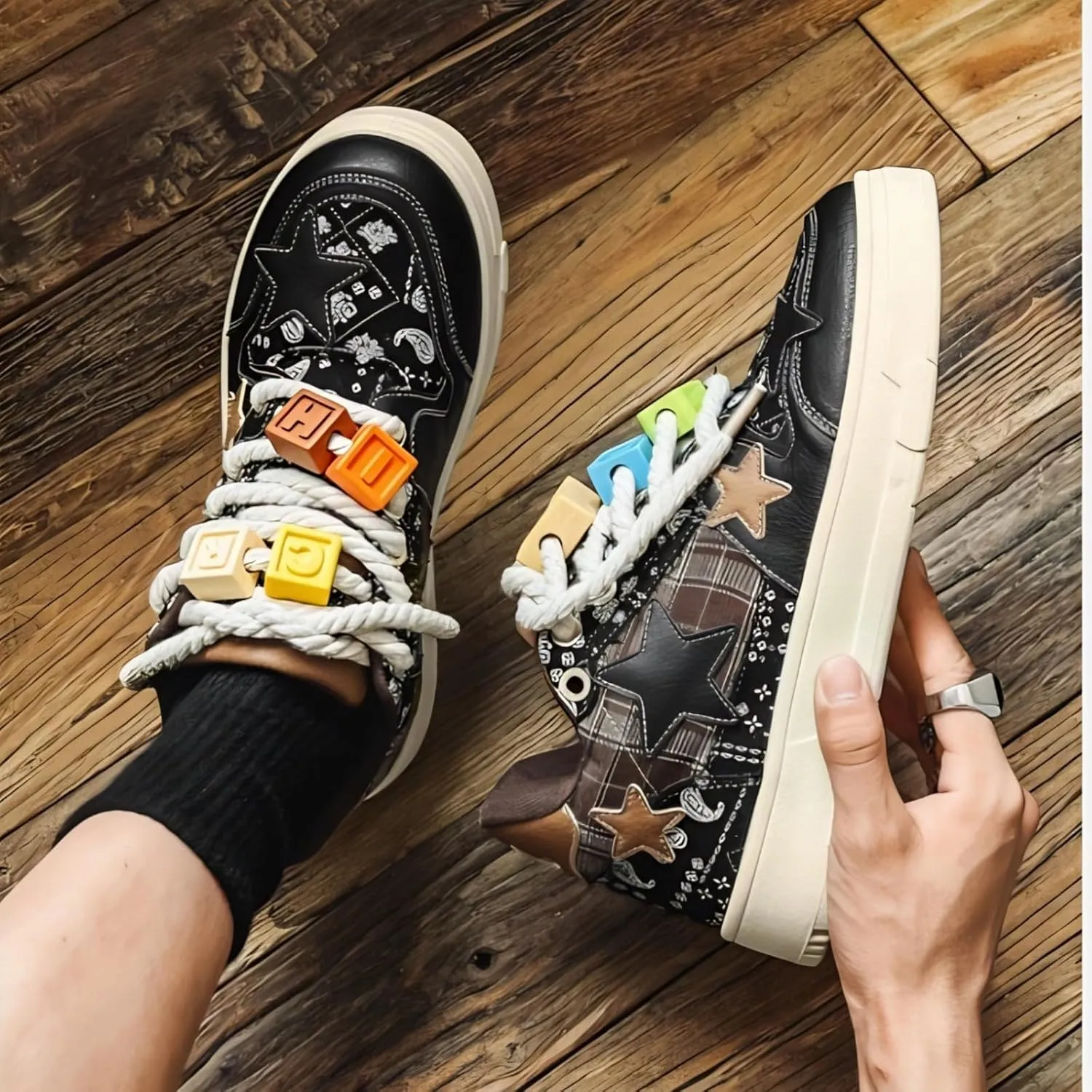 Women Star Patch Sneakers, Y2K Chuncky Platform Shoes, Unisex Preppy Plaid Streetwear, Retro Trainers School Campus Teen