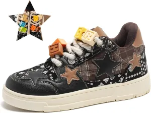 Women Star Patch Sneakers, Y2K Chuncky Platform Shoes, Unisex Preppy Plaid Streetwear, Retro Trainers School Campus Teen