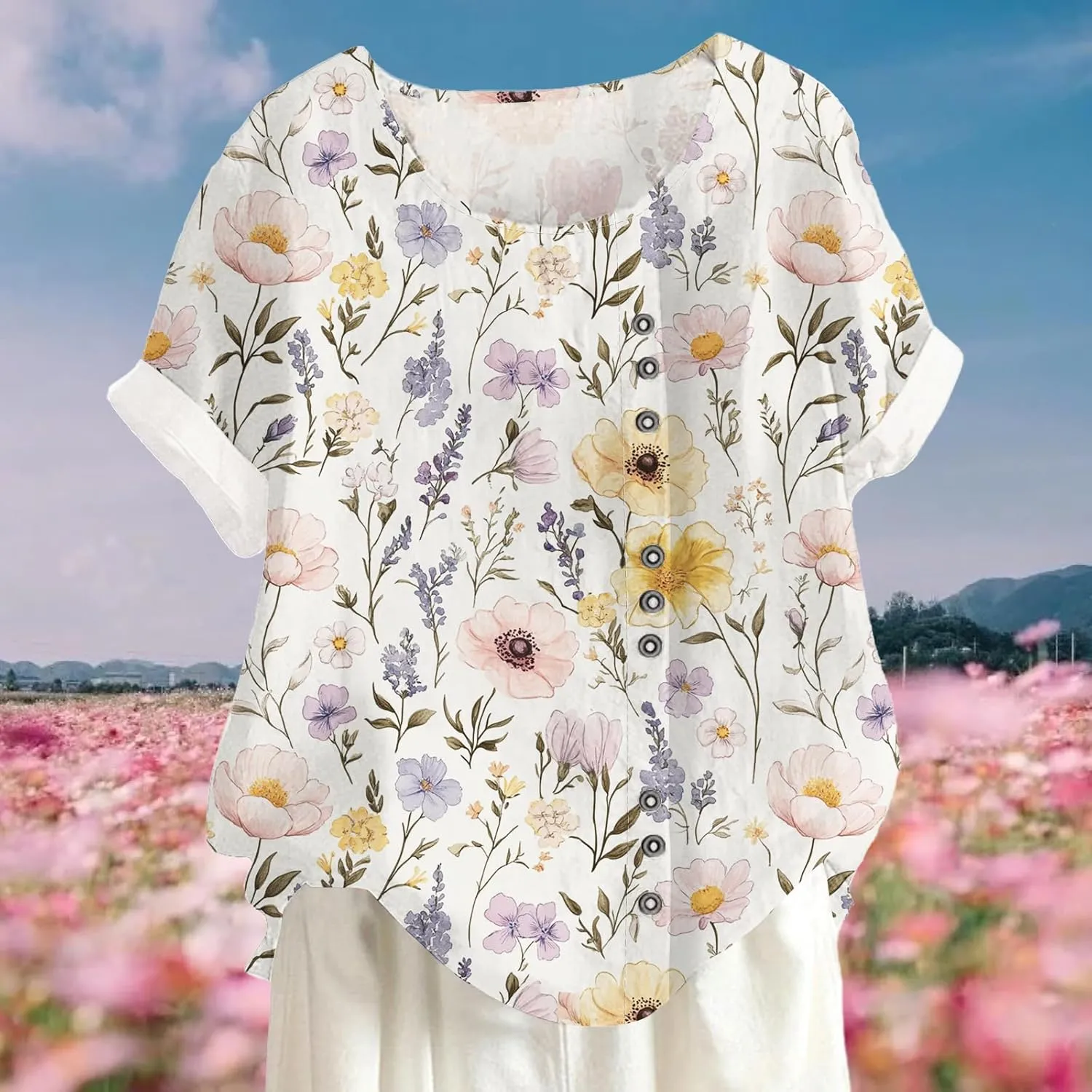 Women Summer Floral Printed Casual T-Shirt Button Decor Bohe Style Tops Hawaiian Vacation Beach Shirt