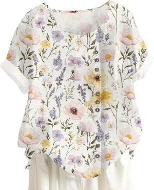 Women Summer Floral Printed Casual T-Shirt Button Decor Bohe Style Tops Hawaiian Vacation Beach Shirt