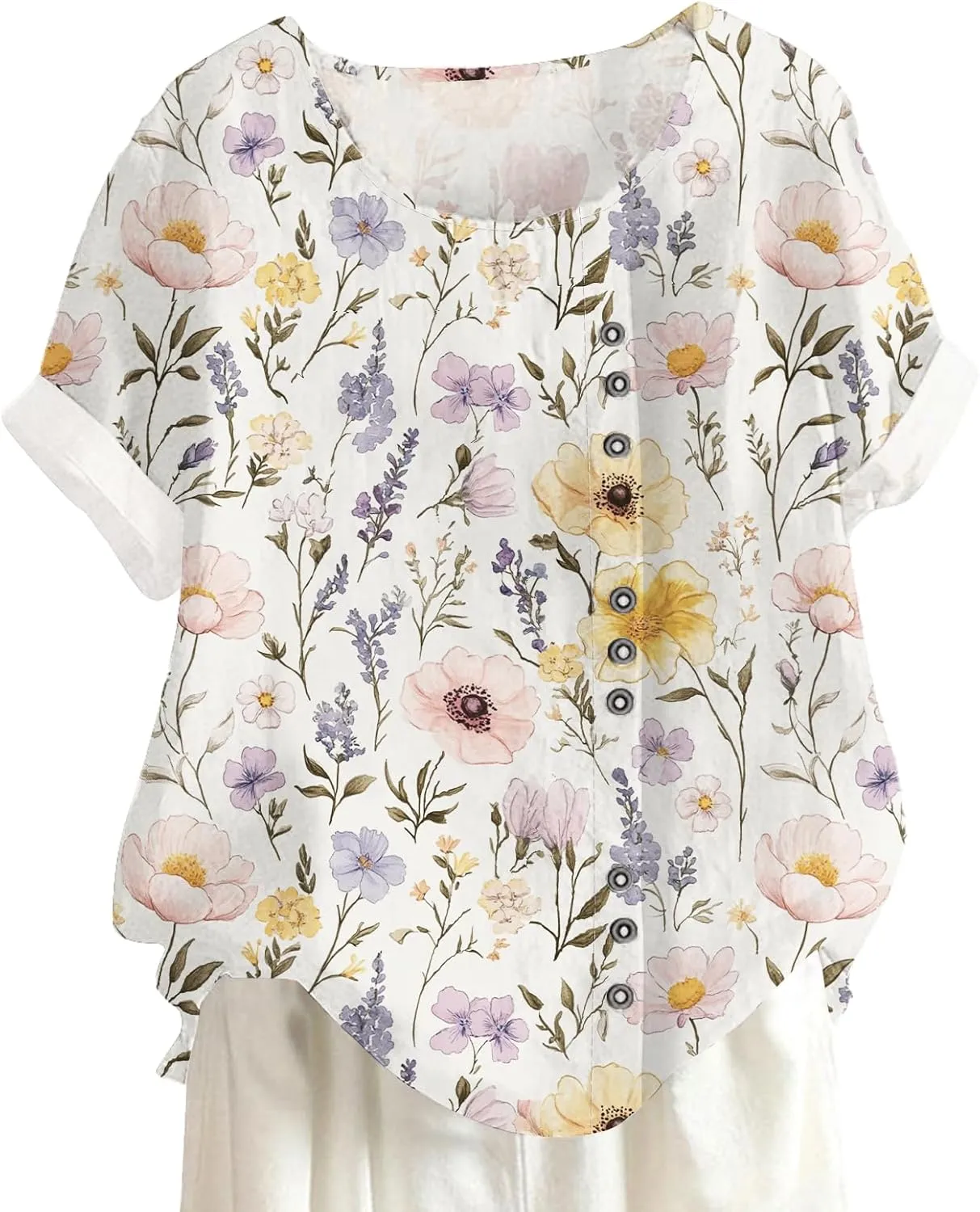 Women Summer Floral Printed Casual T-Shirt Button Decor Bohe Style Tops Hawaiian Vacation Beach Shirt