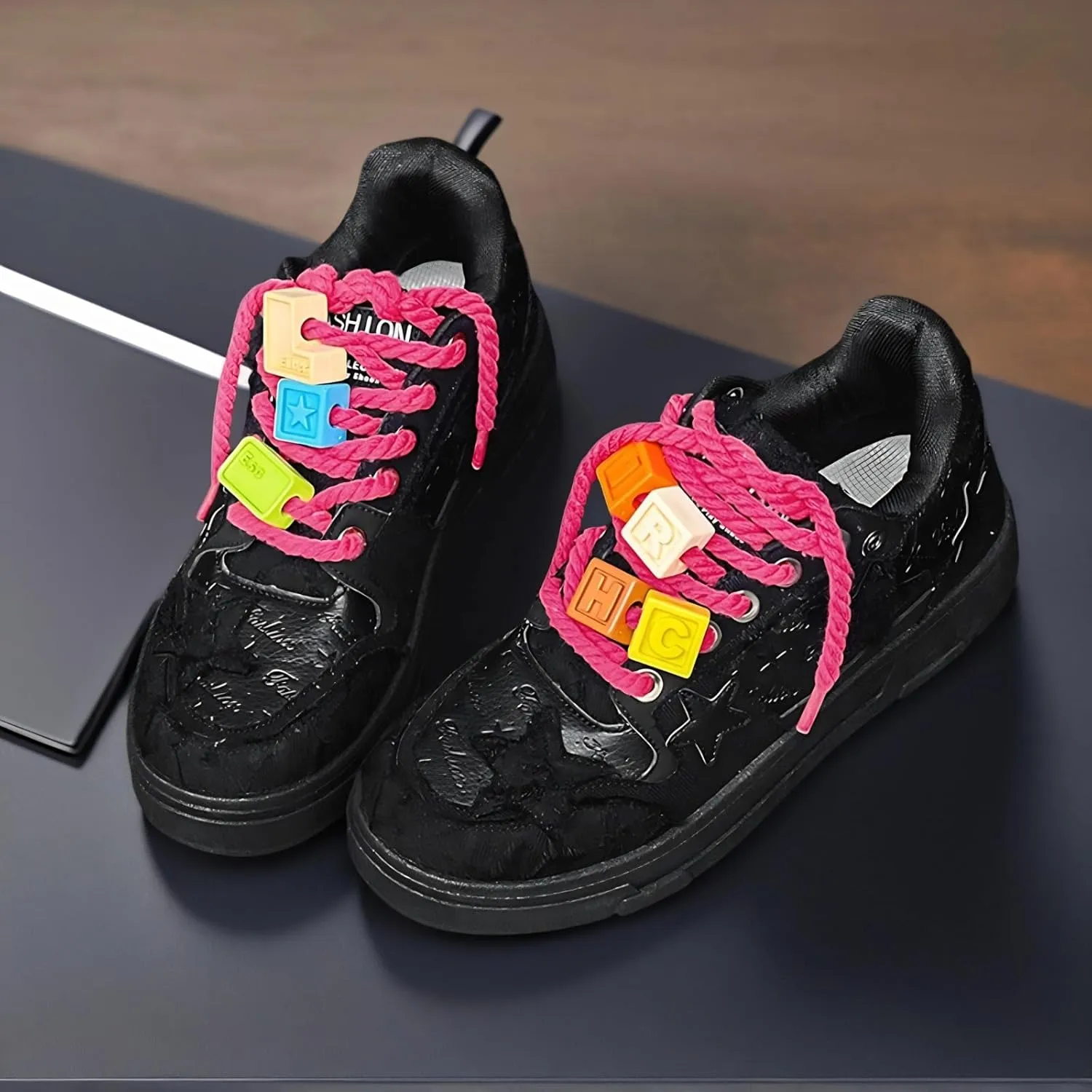 Women Y2K Platform Sneakers, Retro Star Patchwork Streetwear, Unique Lace Blocks Charms Height Boost Trainers Couple Match