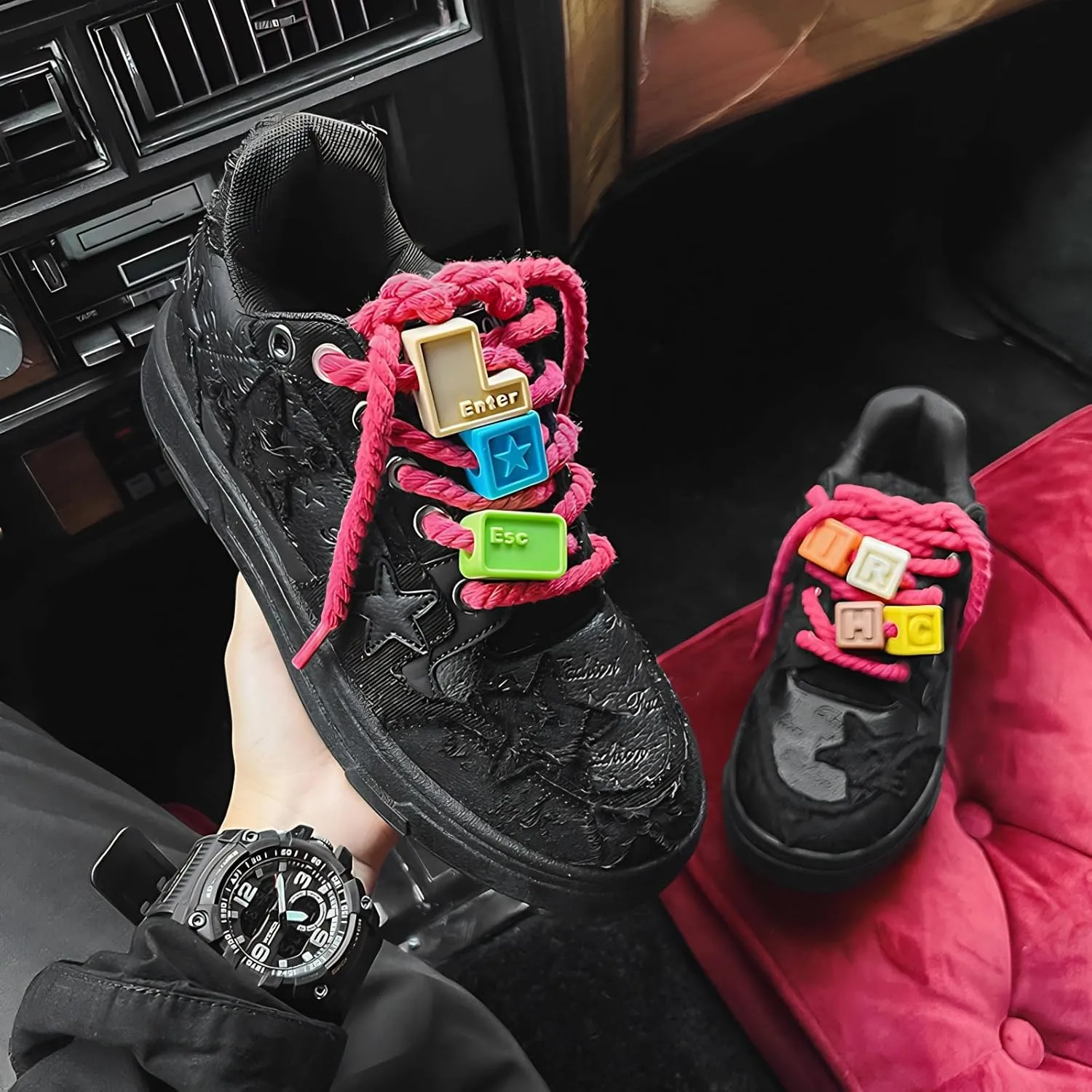 Women Y2K Platform Sneakers, Retro Star Patchwork Streetwear, Unique Lace Blocks Charms Height Boost Trainers Couple Match