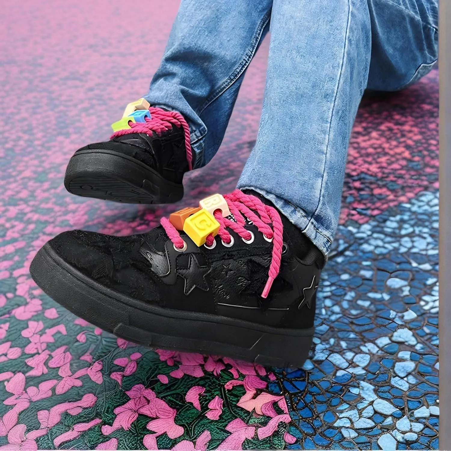 Women Y2K Platform Sneakers, Retro Star Patchwork Streetwear, Unique Lace Blocks Charms Height Boost Trainers Couple Match
