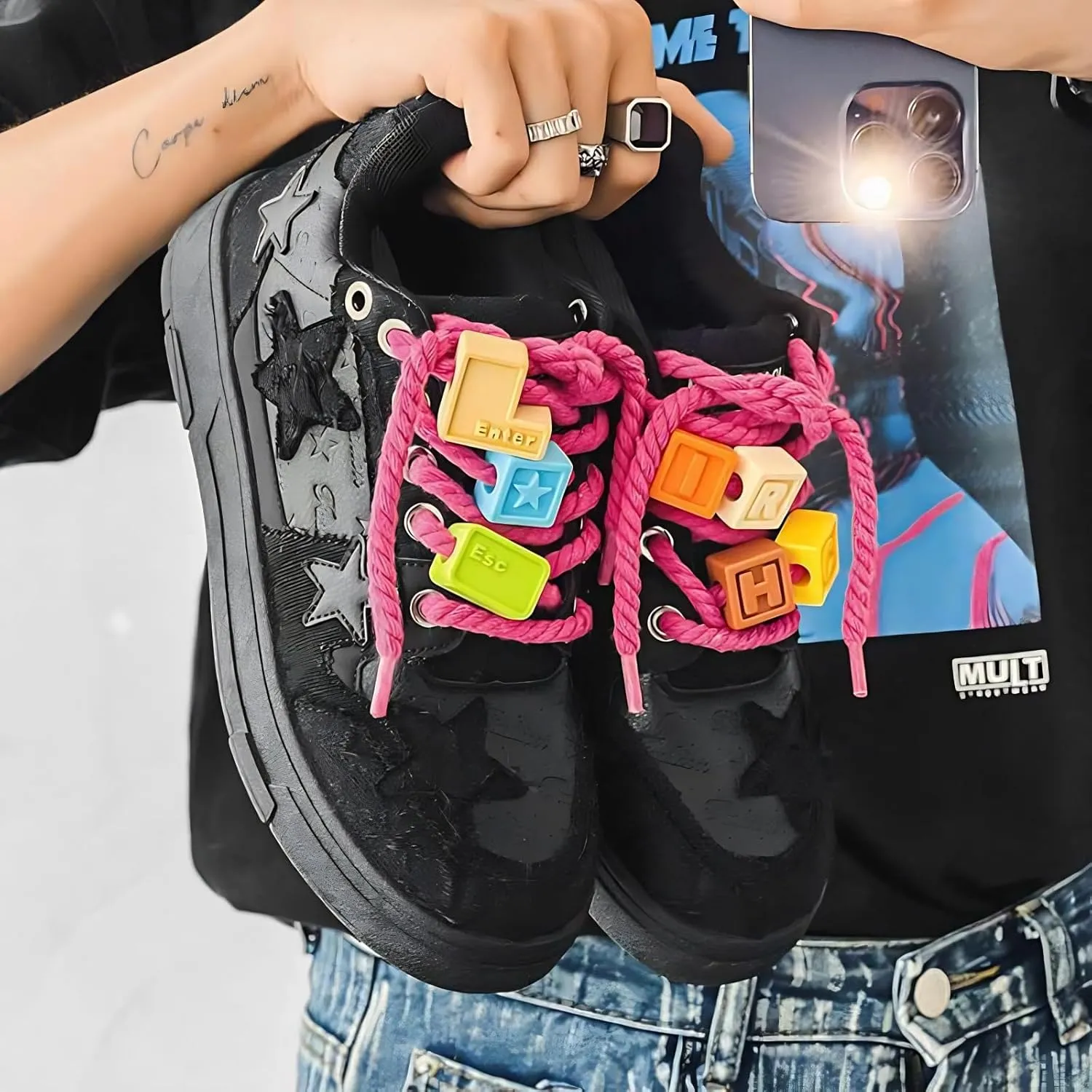 Women Y2K Platform Sneakers, Retro Star Patchwork Streetwear, Unique Lace Blocks Charms Height Boost Trainers Couple Match