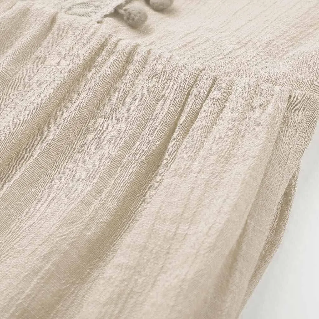 Women's 2024 Boho Long Sleeve V Neck Smocked High Waist Flowy A Line Embroidered Lace Maxi Dress Loose Beach Sundress