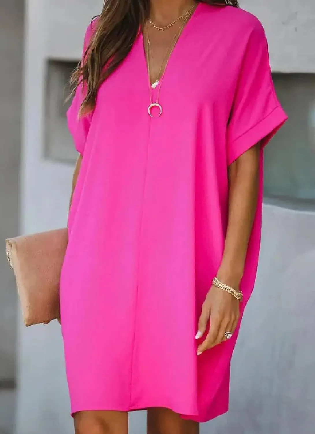 Women's 2025 Summer Dresses Bright Plain V Neck Short Sleevedress Loose Mini Shift Dress Commuter Wear