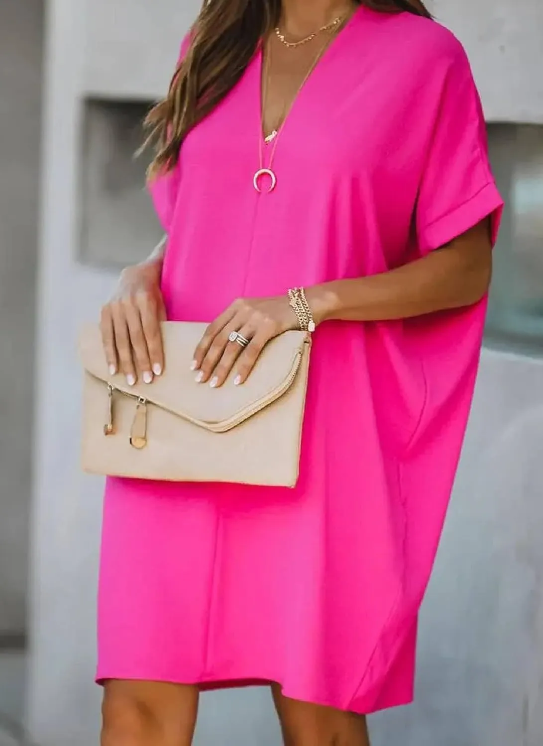Women's 2025 Summer Dresses Bright Plain V Neck Short Sleevedress Loose Mini Shift Dress Commuter Wear