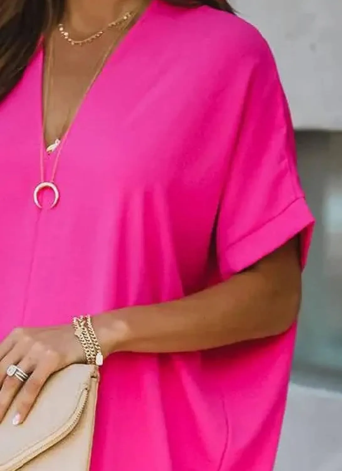 Women's 2025 Summer Dresses Bright Plain V Neck Short Sleevedress Loose Mini Shift Dress Commuter Wear