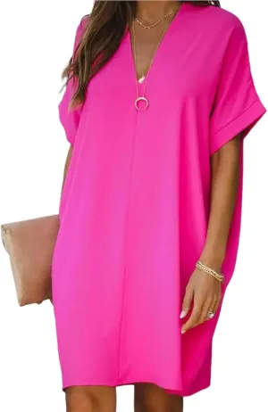 Women's 2025 Summer Dresses Bright Plain V Neck Short Sleevedress Loose Mini Shift Dress Commuter Wear