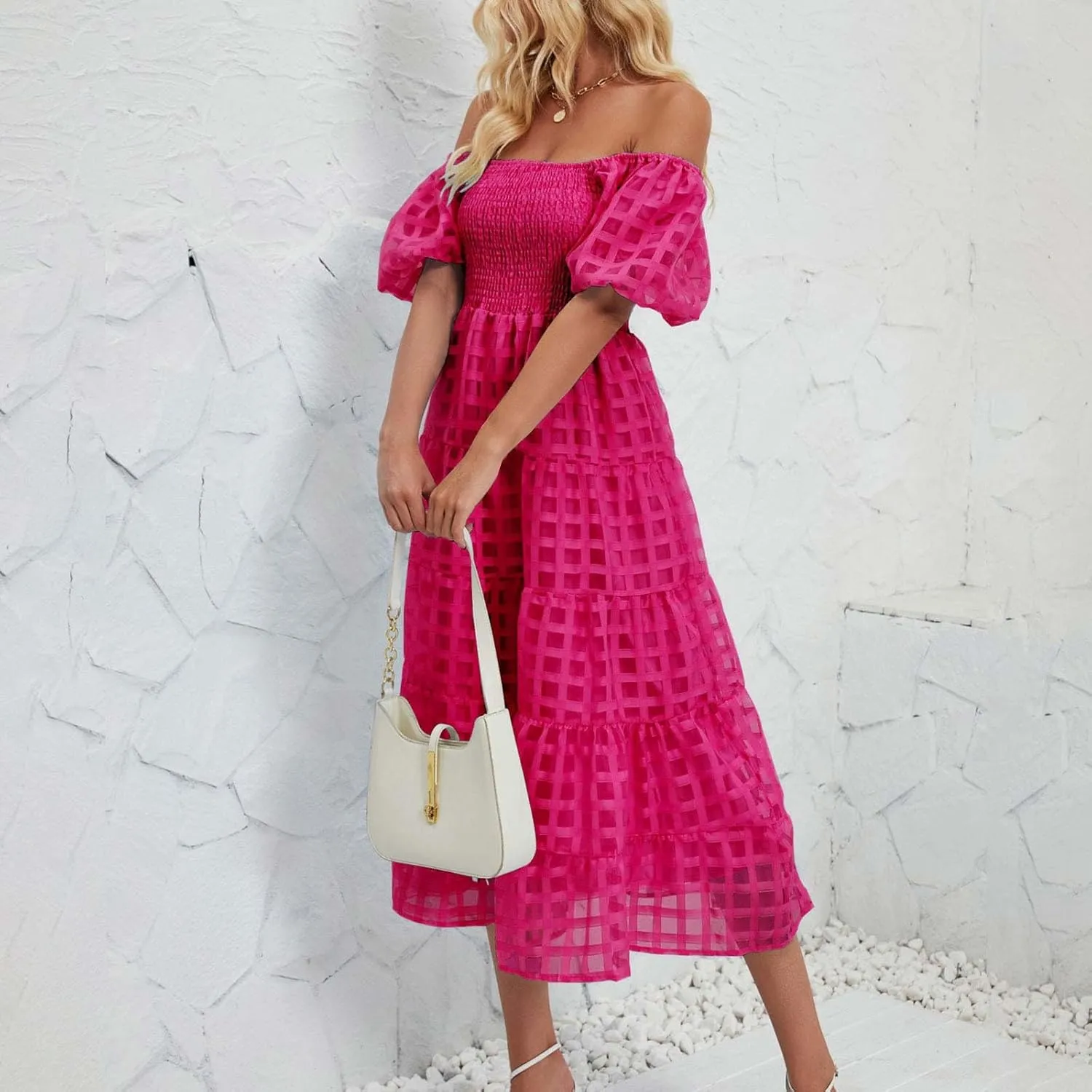 Womens Bohemian Dresses Summer Casual Off Shoulder Puff Sleeve Midi Boho Dress Tiered Ruffle Sundress Vacation Outfit