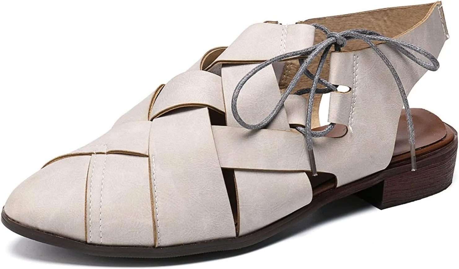 Womens Casual Hollow Slides Sandals Vintage Cross Straps Lace up Leather Woven Back Low Heel Roman Sandals Summer Comfy Casual Slingback Shoes