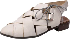 Womens Casual Hollow Slides Sandals Vintage Cross Straps Lace up Leather Woven Back Low Heel Roman Sandals Summer Comfy Casual Slingback Shoes