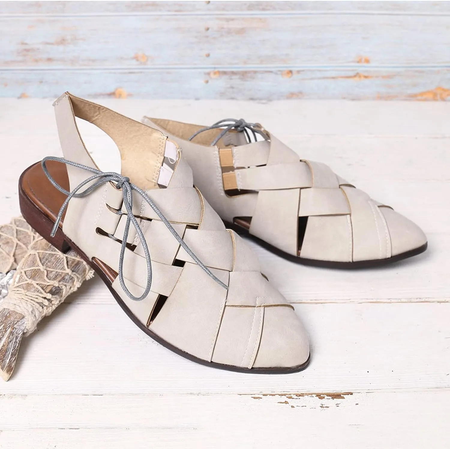 Womens Casual Hollow Slides Sandals Vintage Cross Straps Lace up Leather Woven Back Low Heel Roman Sandals Summer Comfy Casual Slingback Shoes