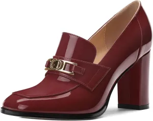 Womens Chunky Block Heels for Women Square Toe Patent Pumps, Slip on Loafers Office Party Prom Shoes 3 inch