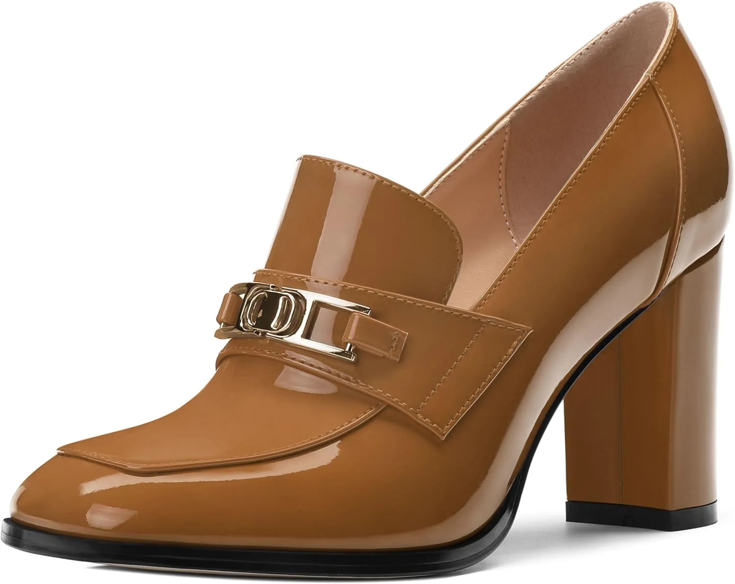 Womens Chunky Block Heels for Women Square Toe Patent Pumps, Slip on Loafers Office Party Prom Shoes 3 inch