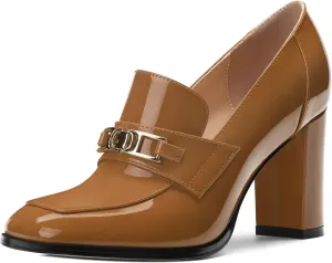 Womens Chunky Block Heels for Women Square Toe Patent Pumps, Slip on Loafers Office Party Prom Shoes 3 inch