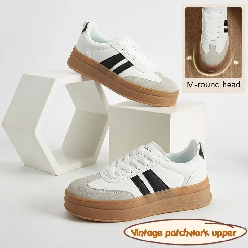 Women's Chunky Platform Sneakers - Retro Vintage Leather Casual Tennis Shoes- Thick Rubber Gum Sole Low Top Lace-Up Classic Walking Shoes