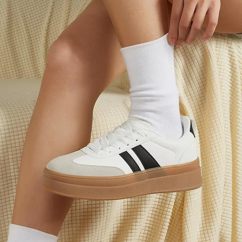 Women's Chunky Platform Sneakers - Retro Vintage Leather Casual Tennis Shoes- Thick Rubber Gum Sole Low Top Lace-Up Classic Walking Shoes