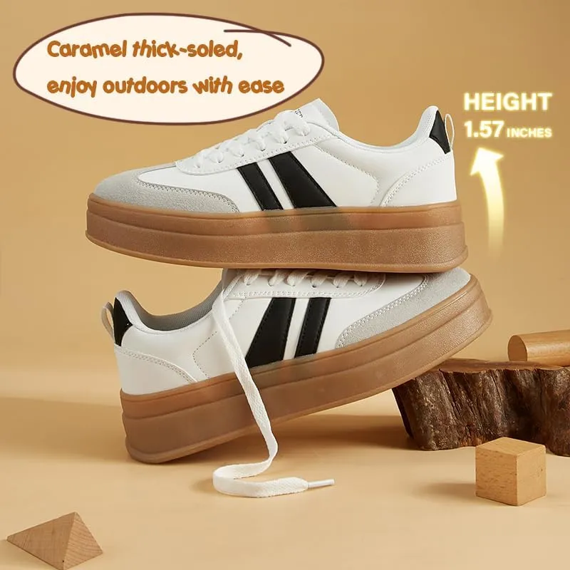 Women's Chunky Platform Sneakers - Retro Vintage Leather Casual Tennis Shoes- Thick Rubber Gum Sole Low Top Lace-Up Classic Walking Shoes